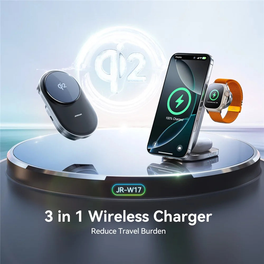 JOYROOM JR-W17 Qi2 3 in 1 Magnetic Wireless Charger for Iphone / Airpods / Apple Watch Foldable 15W Fast Charging Station - Black - 2