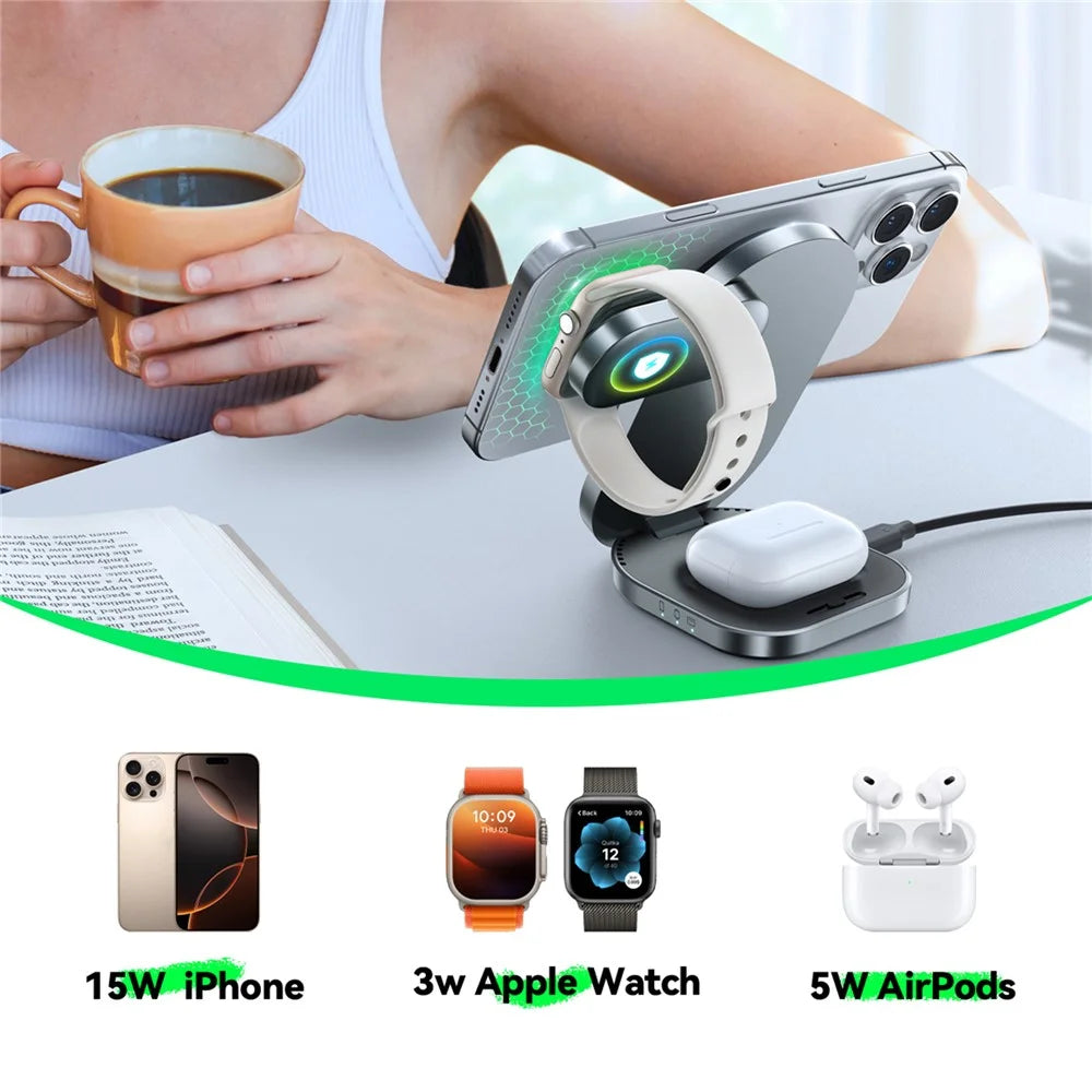 JOYROOM JR-W17 Qi2 3 in 1 Magnetic Wireless Charger for Iphone / Airpods / Apple Watch Foldable 15W Fast Charging Station - Black - 4