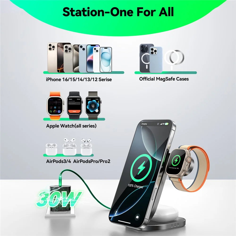 JOYROOM JR-W17 Qi2 3 in 1 Magnetic Wireless Charger for Iphone / Airpods / Apple Watch Foldable 15W Fast Charging Station - Black - 6