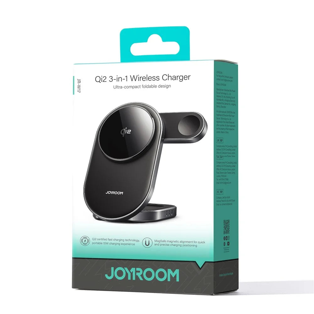 JOYROOM JR-W17 Qi2 3 in 1 Magnetic Wireless Charger for Iphone / Airpods / Apple Watch Foldable 15W Fast Charging Station - Black - 7