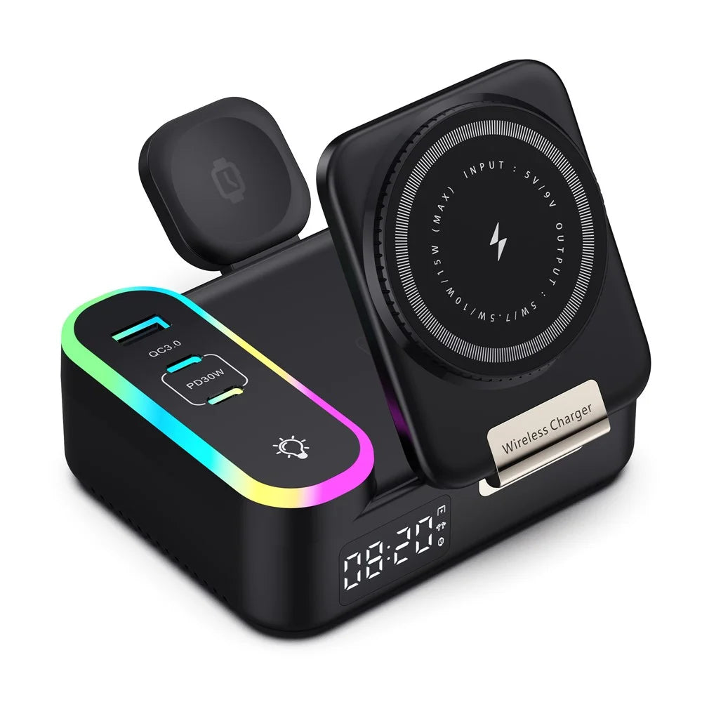 CYJ-12 15W Multi-Port Wireless Charger Foldable Magnetic Charging Station with Retractable Cable Digital Clock Display - Black - 1