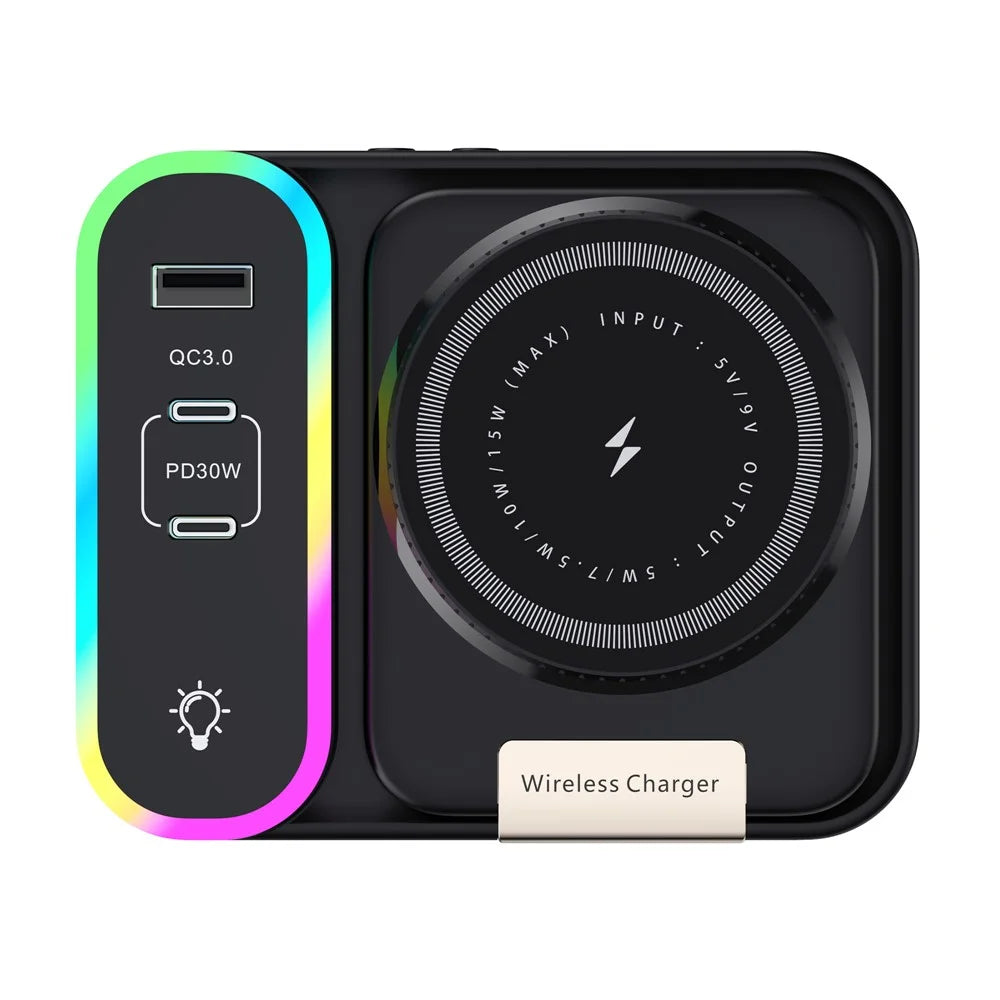 CYJ-12 15W Multi-Port Wireless Charger Foldable Magnetic Charging Station with Retractable Cable Digital Clock Display - Black - 2