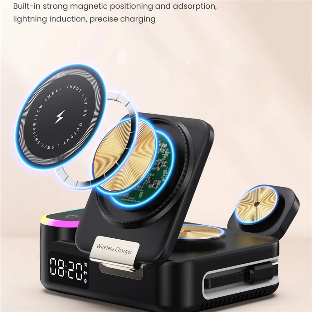 CYJ-12 15W Multi-Port Wireless Charger Foldable Magnetic Charging Station with Retractable Cable Digital Clock Display - Black - 4