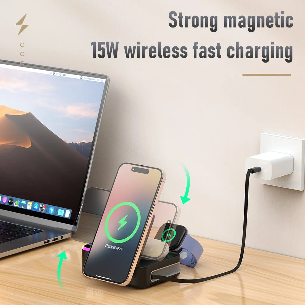 CYJ-12 15W Multi-Port Wireless Charger Foldable Magnetic Charging Station with Retractable Cable Digital Clock Display - Black - 5