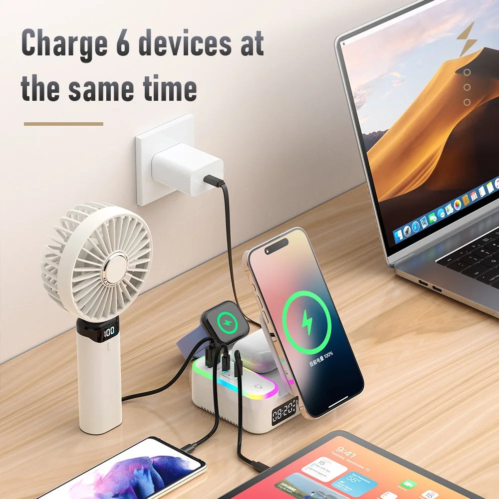 CYJ-12 15W Multi-Port Wireless Charger Foldable Magnetic Charging Station with Retractable Cable Digital Clock Display - Black - 6
