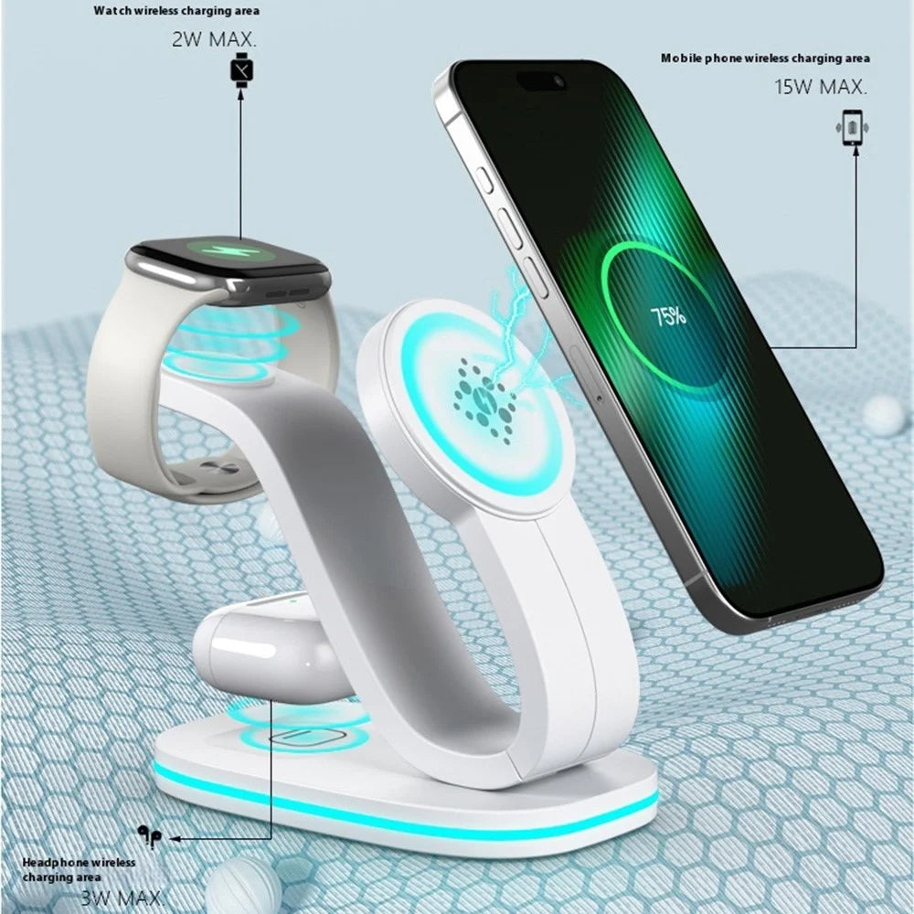 B-28 Multifunction 15W Wireless Charger with Night Light for Phone Watch Earbuds, Standard Version - White - 3