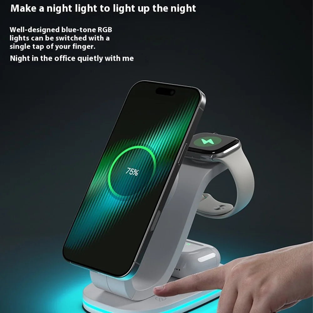 B-28 Multifunction 15W Wireless Charger with Night Light for Phone Watch Earbuds, Standard Version - White - 6