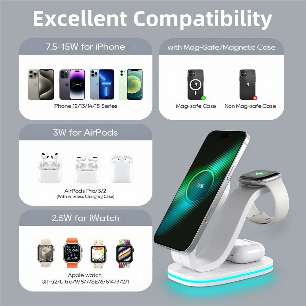 B-28 Multifunction 15W Wireless Charger with Night Light for Phone Watch Earbuds, Qi2 Version - White - 3