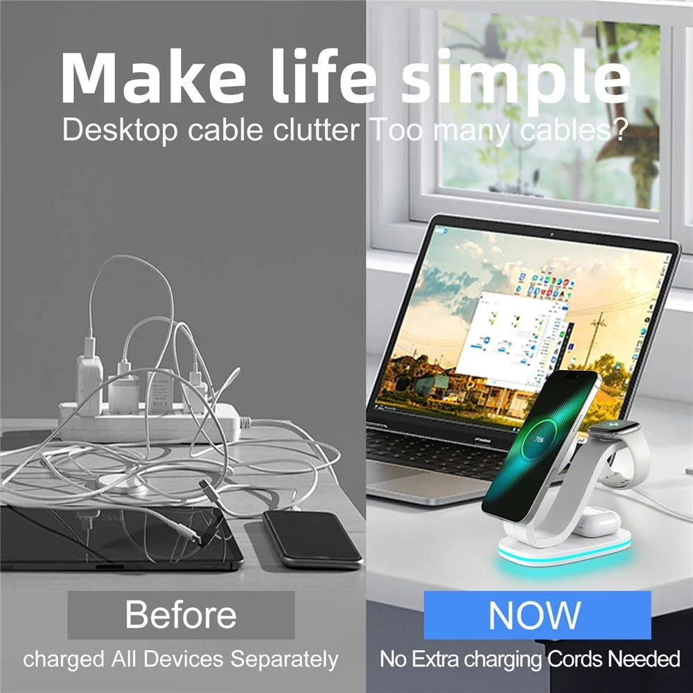 B-28 Multifunction 15W Wireless Charger with Night Light for Phone Watch Earbuds, Qi2 Version - White - 4