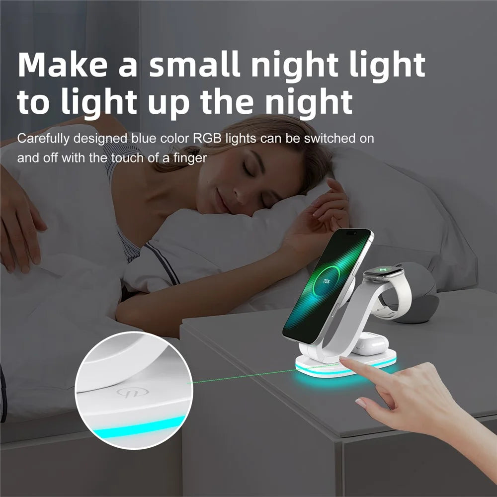 B-28 Multifunction 15W Wireless Charger with Night Light for Phone Watch Earbuds, Qi2 Version - White - 5