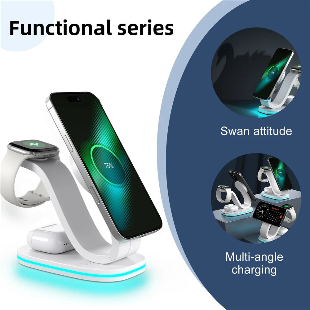 B-28 Multifunction 15W Wireless Charger with Night Light for Phone Watch Earbuds, Qi2 Version - White - 7