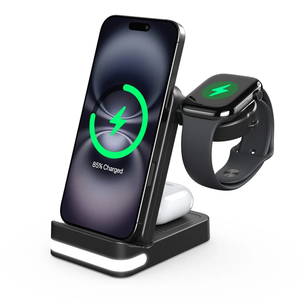 B-27 3 in 1 Foldable 15W Wireless Charger with Night Light for Apple Watch iPhone AirPods Charging Stand - Black - 2