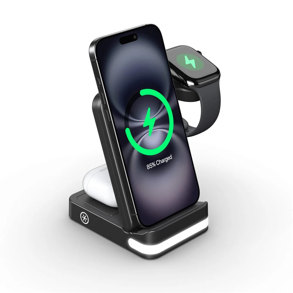 B-27 3 in 1 Foldable 15W Wireless Charger with Night Light for Apple Watch iPhone AirPods Charging Stand - Black - 3