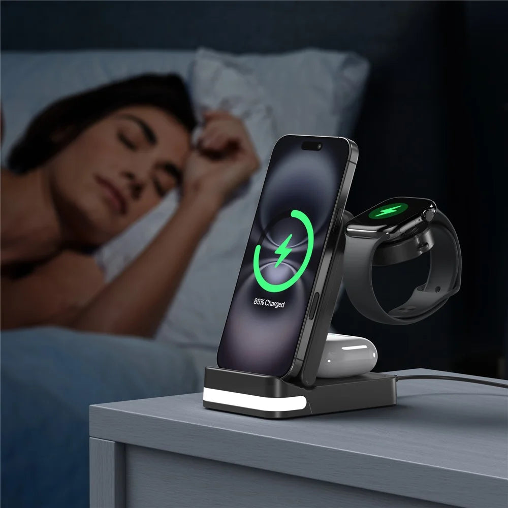 B-27 3 in 1 Foldable 15W Wireless Charger with Night Light for Apple Watch iPhone AirPods Charging Stand - Black - 4