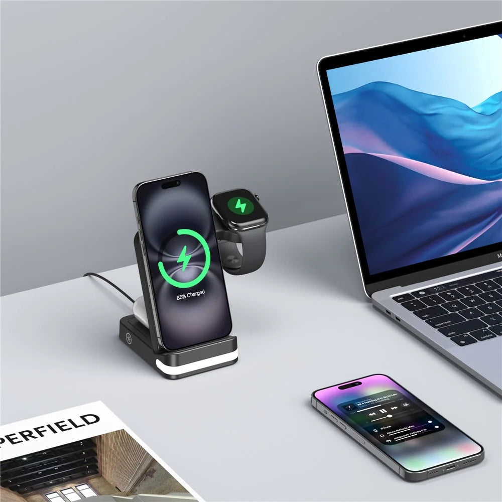 B-27 3 in 1 Foldable 15W Wireless Charger with Night Light for Apple Watch iPhone AirPods Charging Stand - Black - 5