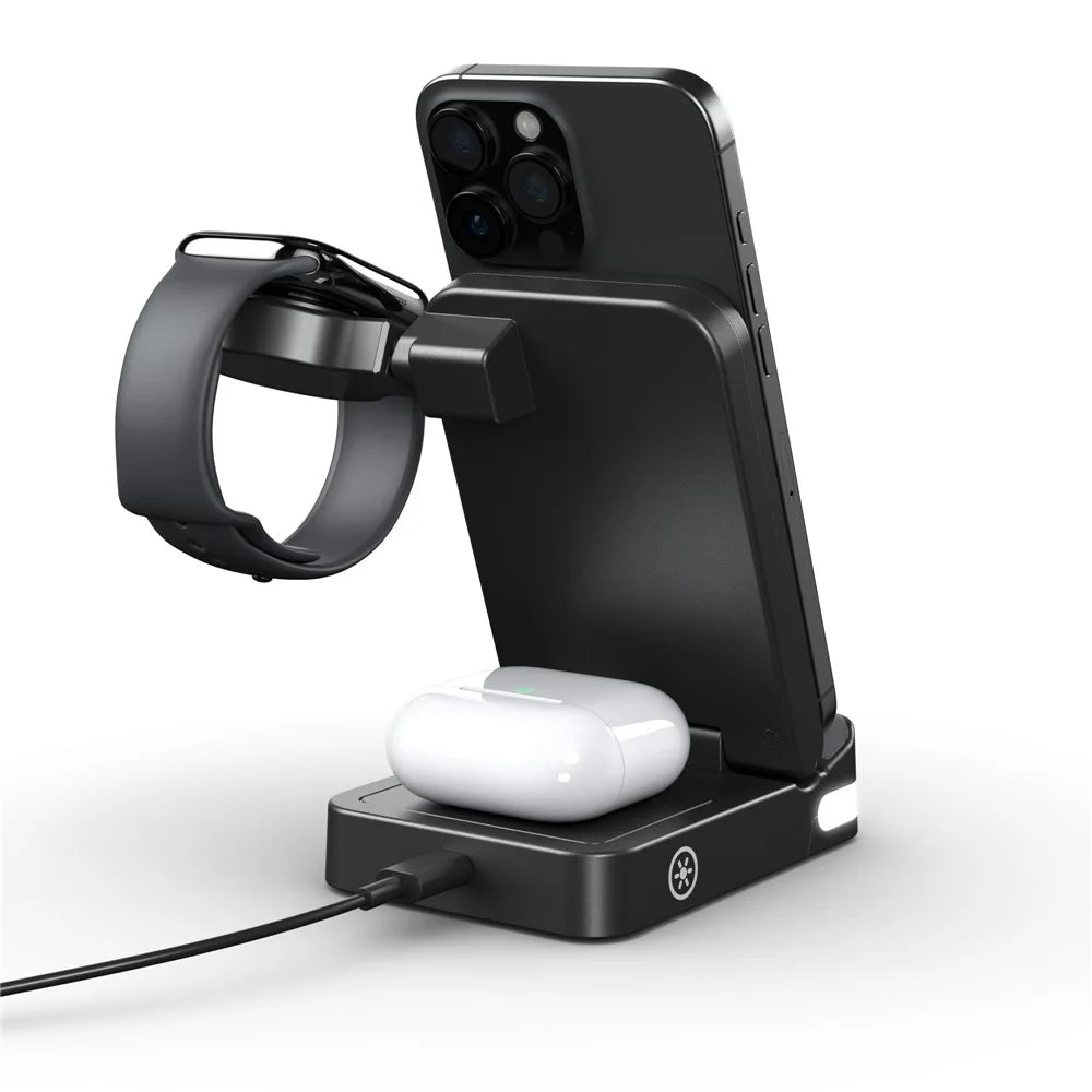 B-27 3 in 1 Foldable 15W Wireless Charger with Night Light for Apple Watch iPhone AirPods Charging Stand - Black - 6