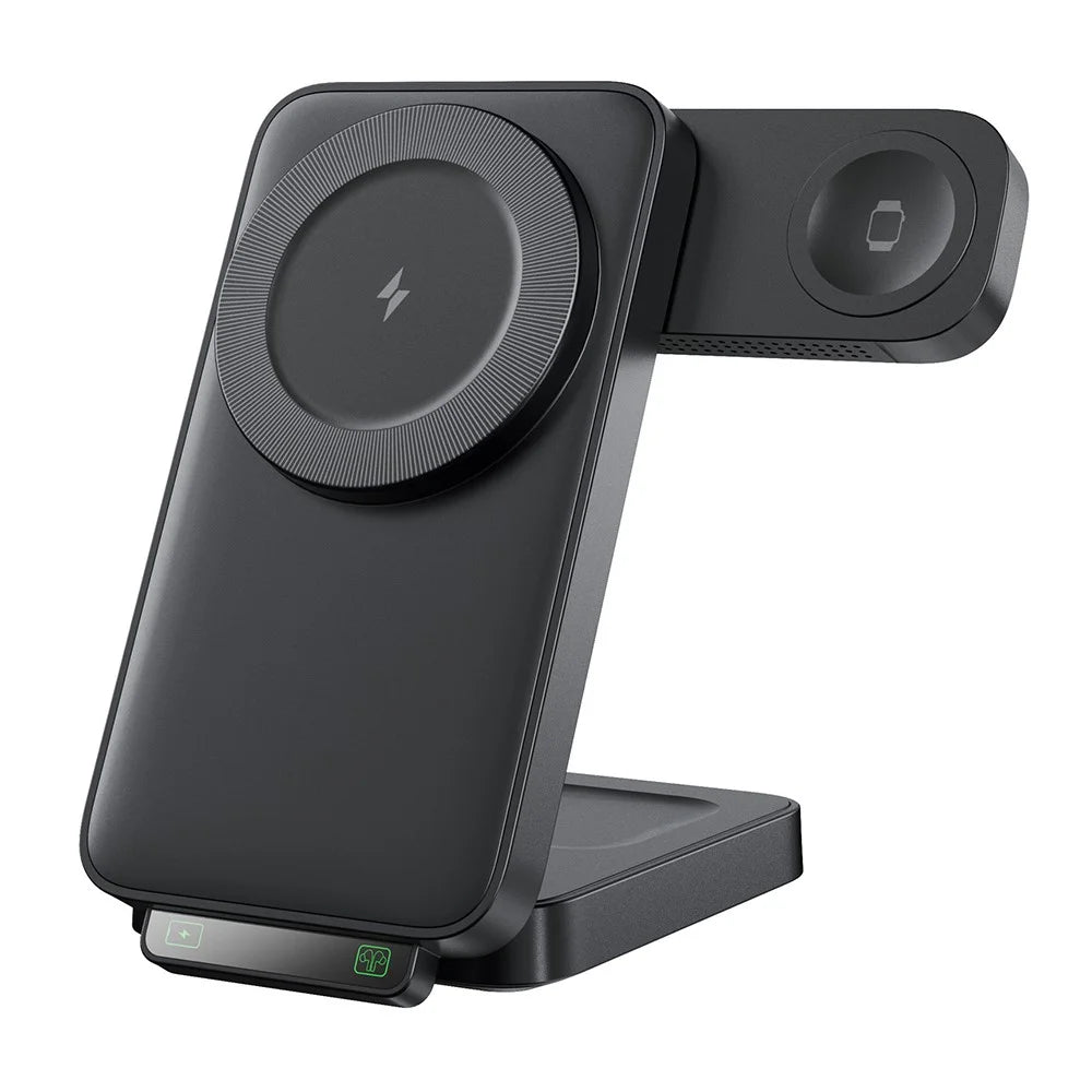 HT-545 Foldable Magnetic Wireless Charger with Night Light 3 in 1 15W Fast Charging Station for Phone / Earbuds / Watch - Black - 1