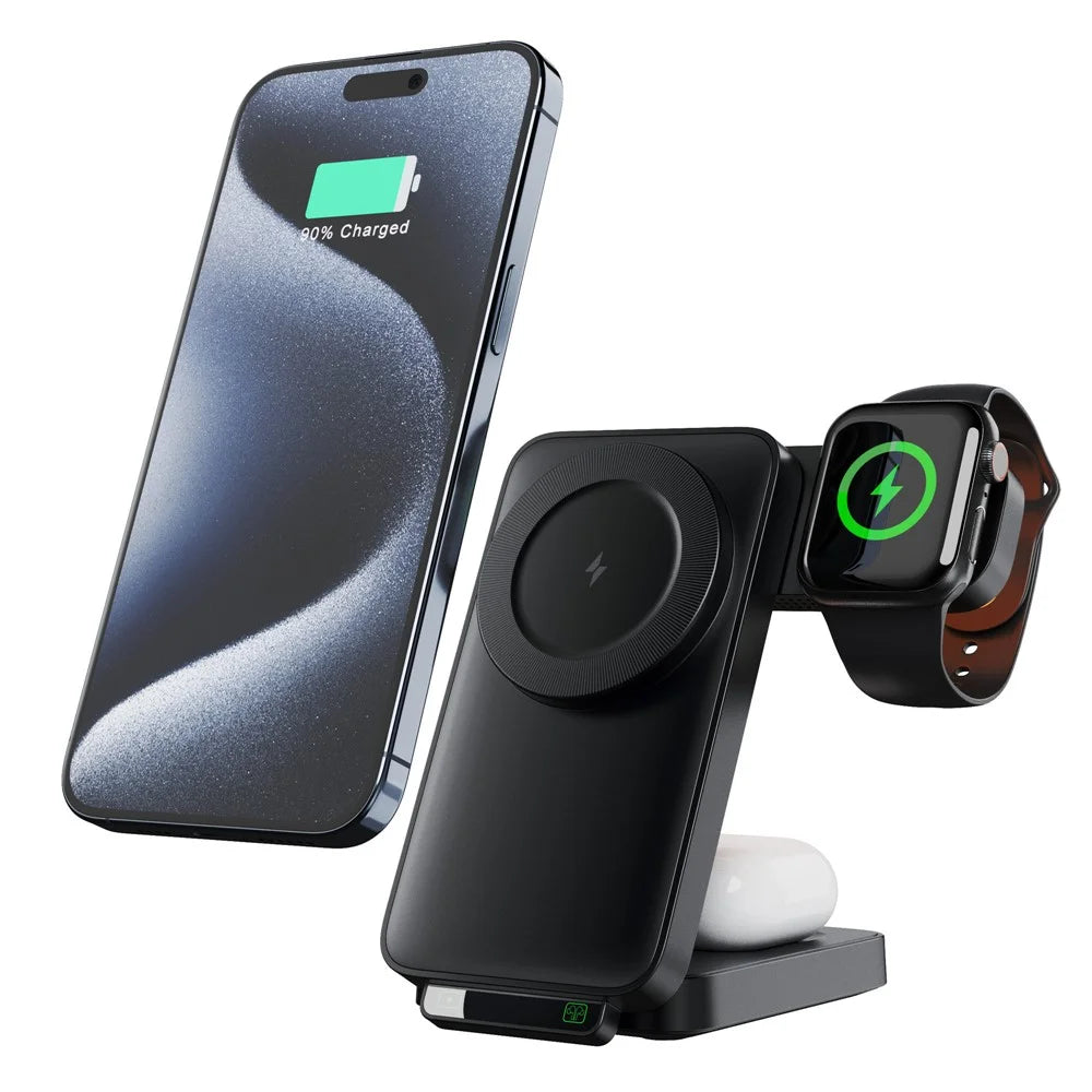 HT-545 Foldable Magnetic Wireless Charger with Night Light 3 in 1 15W Fast Charging Station for Phone / Earbuds / Watch - Black - 2