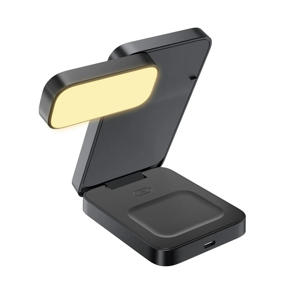 HT-545 Foldable Magnetic Wireless Charger with Night Light 3 in 1 15W Fast Charging Station for Phone / Earbuds / Watch - Black - 4