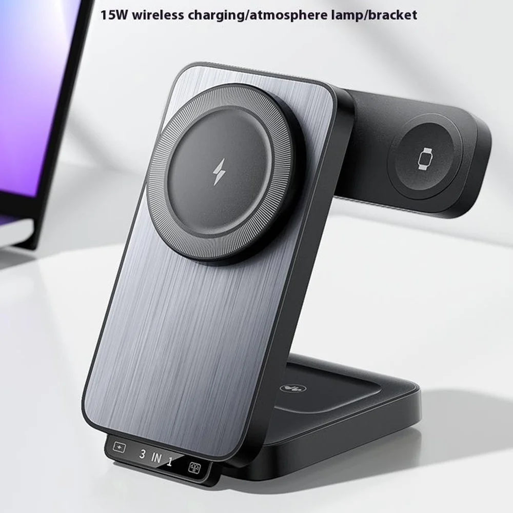 HT-545 Foldable Magnetic Wireless Charger with Night Light 3 in 1 15W Fast Charging Station for Phone / Earbuds / Watch - Black - 6