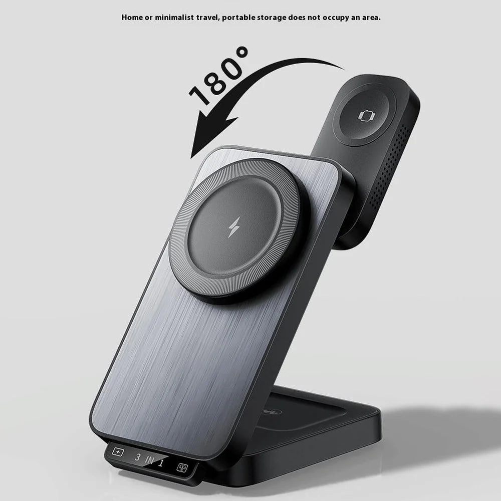 HT-545 Foldable Magnetic Wireless Charger with Night Light 3 in 1 15W Fast Charging Station for Phone / Earbuds / Watch - Black - 7