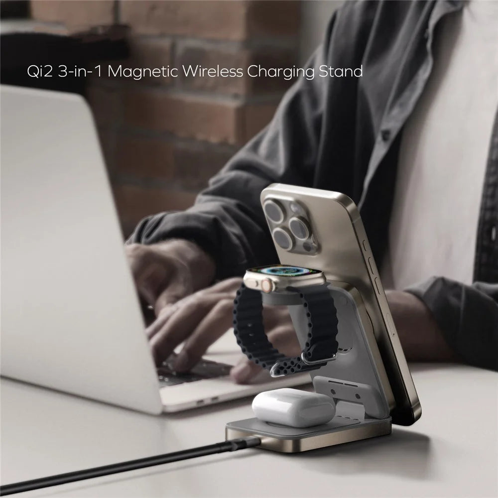 MOMAX Q. Port Foldable Magnetic 3 in 1 Wireless Charger for Iphone / Apple Watch / Airpods Qi2+MFW Certified Charging Stand - 3