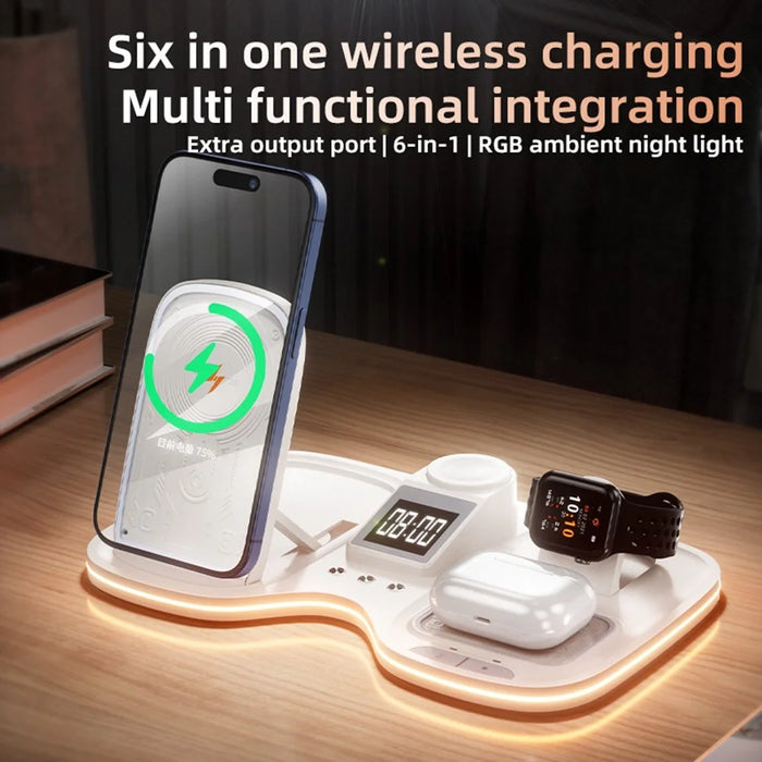 T60 Wireless Charging Station for Phone Watch Earbuds Magnetic Desktop Charger with Time Display - 5