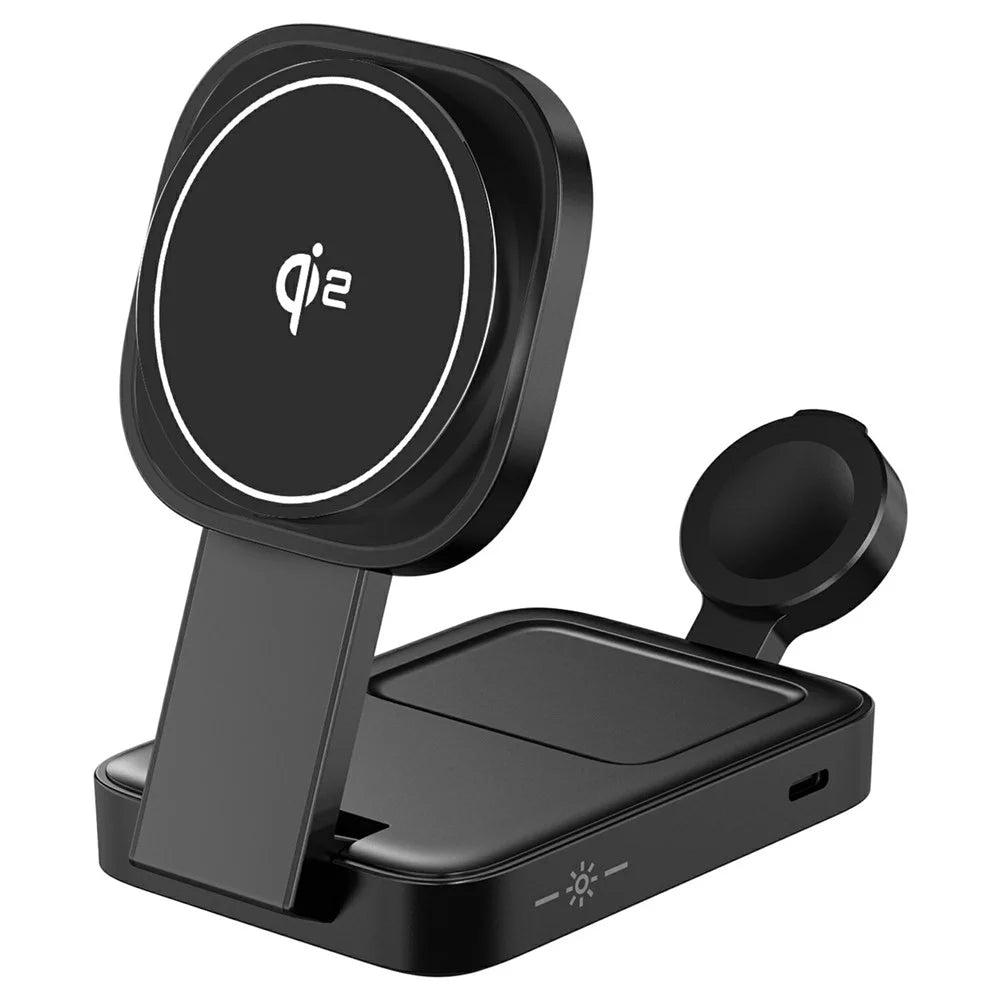 C40 Qi2 Magnetic Wireless Charger for iPhone / Apple Watch / AirPods 3 in 1 Foldable 15W Fast Charging Dock with LED Warm Light - Black - 1