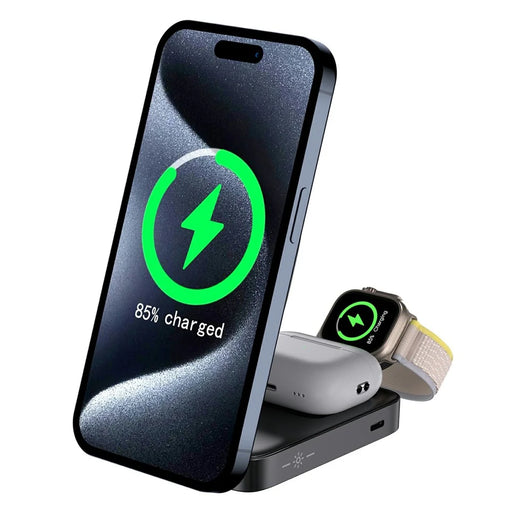 C40 Qi2 Magnetic Wireless Charger for iPhone / Apple Watch / AirPods 3 in 1 Foldable 15W Fast Charging Dock with LED Warm Light - Black - 2