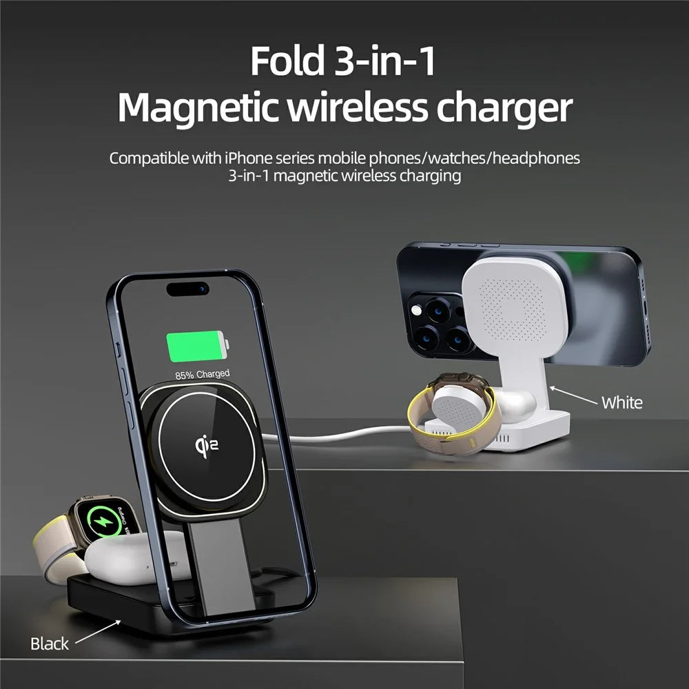 C40 Qi2 Magnetic Wireless Charger for iPhone / Apple Watch / AirPods 3 in 1 Foldable 15W Fast Charging Dock with LED Warm Light - Black - 4