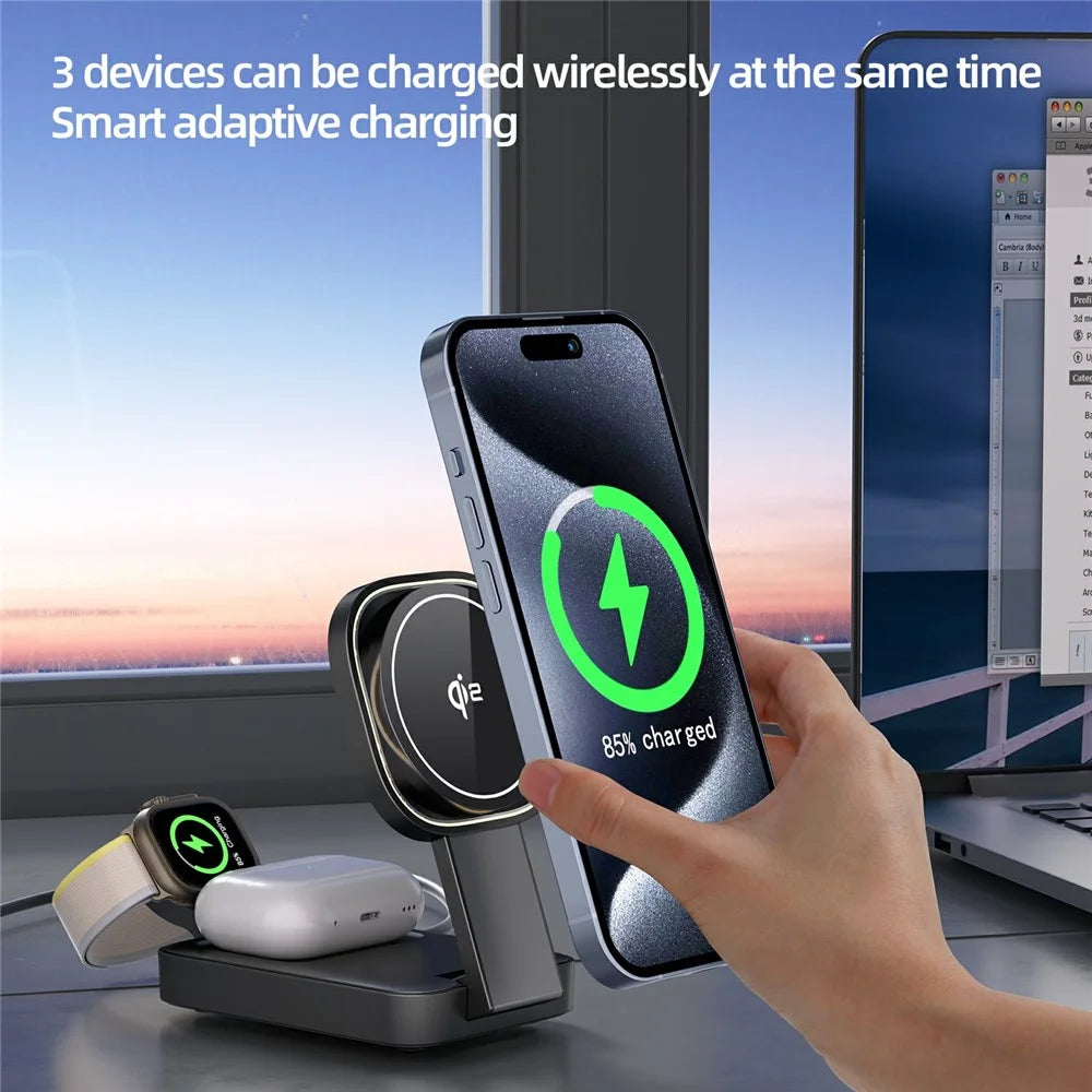 C40 Qi2 Magnetic Wireless Charger for iPhone / Apple Watch / AirPods 3 in 1 Foldable 15W Fast Charging Dock with LED Warm Light - Black - 5