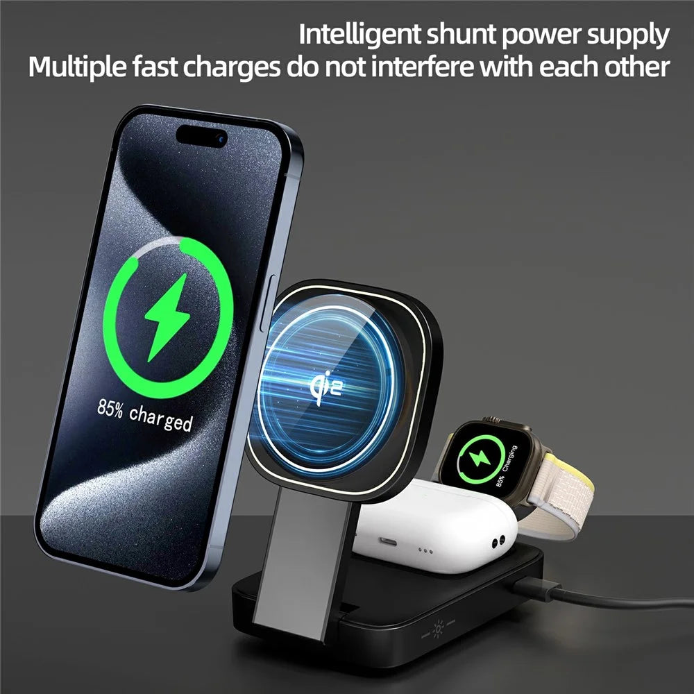 C40 Qi2 Magnetic Wireless Charger for iPhone / Apple Watch / AirPods 3 in 1 Foldable 15W Fast Charging Dock with LED Warm Light - Black - 6