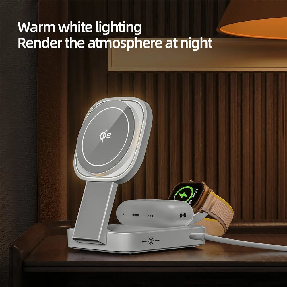 C40 Qi2 Magnetic Wireless Charger for iPhone / Apple Watch / AirPods 3 in 1 Foldable 15W Fast Charging Dock with LED Warm Light - Black - 7
