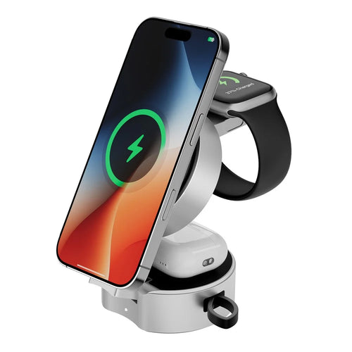 3 in 1 Magnetic Wireless Charger Phone Watch Earbuds Foldable Charging Station Dock - Silver Grey - 1