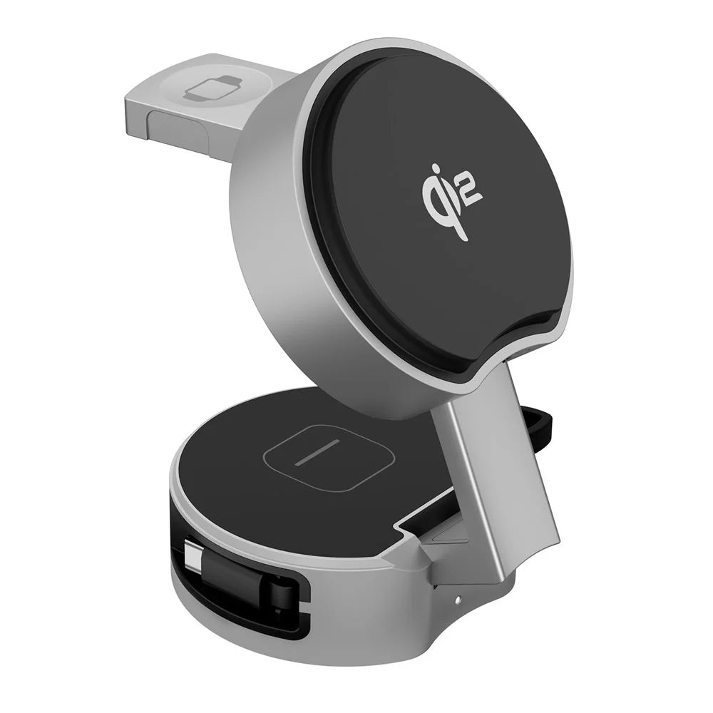 3 in 1 Magnetic Wireless Charger Phone Watch Earbuds Foldable Charging Station Dock - Silver Grey - 3