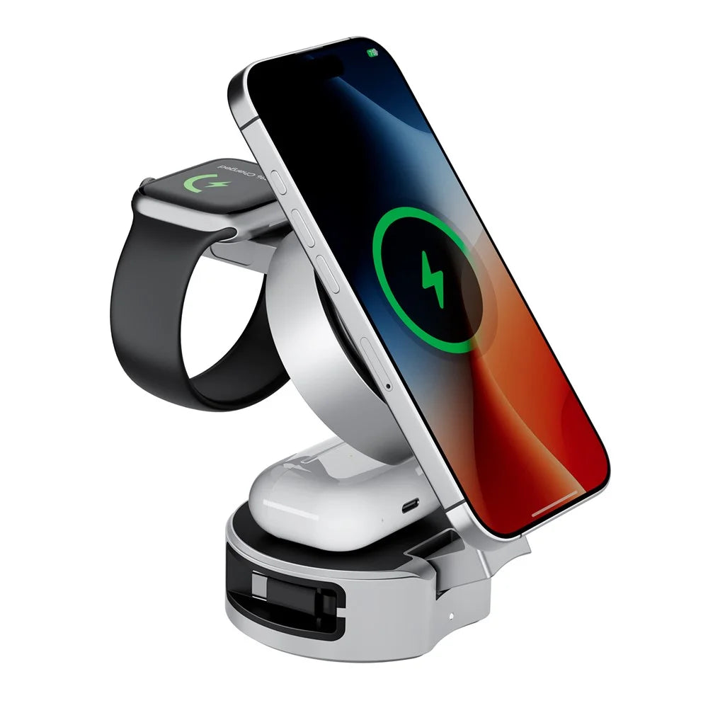 3 in 1 Magnetic Wireless Charger Phone Watch Earbuds Foldable Charging Station Dock - Silver Grey - 7