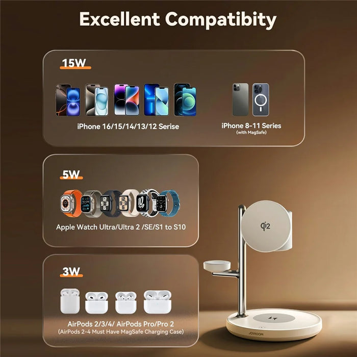 JOYROOM JR-W23 Qi2 4 in 1 Wireless Charger with Night Light Phone Watch Earbuds Charging Stand - 7