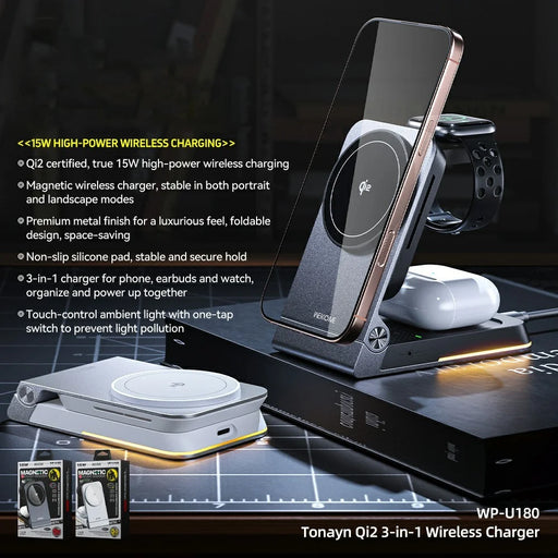 WEKOME WP-U180 Tonayn Qi2 3 in 1 Foldable Wireless Charger 15W Fast Charging for Phone Smartwatch Earbuds - Silver - 2