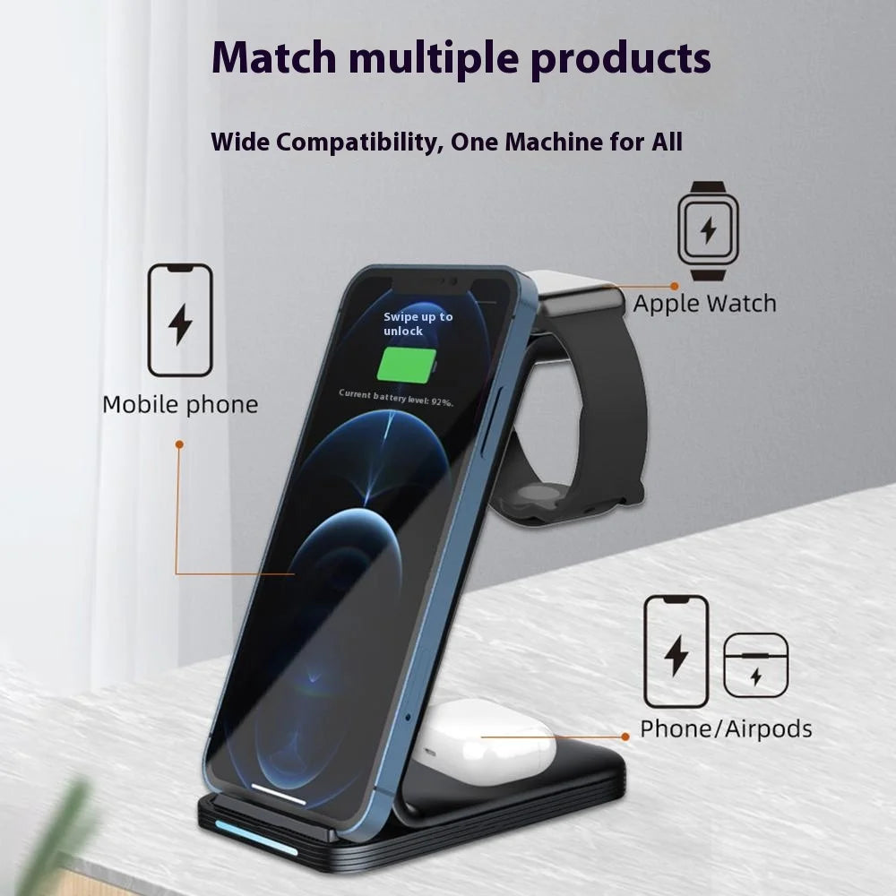 D02 3-in-1 Wireless Charging Station 15W Fast Charge Stand for Smartphone Apple Watch AirPods - 4