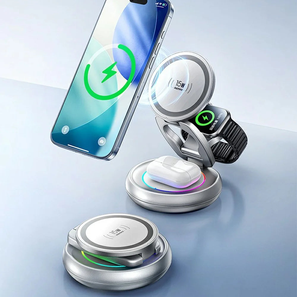 REMAX CW05 20.5W For Phone  /  Smartwatch  /  Earbuds 3 in 1 Wireless Charger Foldable Magnetic Rotating Metal Design - 2