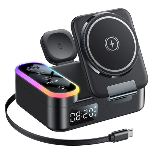 YESIDO DS38 65W Magnetic Wireless Charging Station for Phone / Watch / Earbuds Digital Clock with Retractable Type C Cable - 1