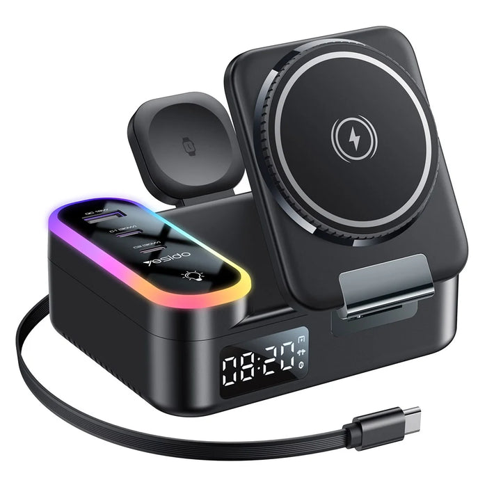 YESIDO DS38 65W Magnetic Wireless Charging Station for Phone / Watch / Earbuds Digital Clock with Retractable Type C Cable - 1