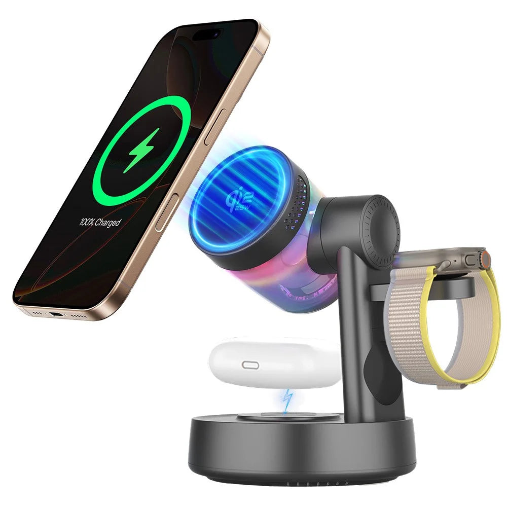 QI2.2 25W Magnetic Wireless Charger with Speaker Function for Phones / Earbuds / Watches Charging Station - Black - 1