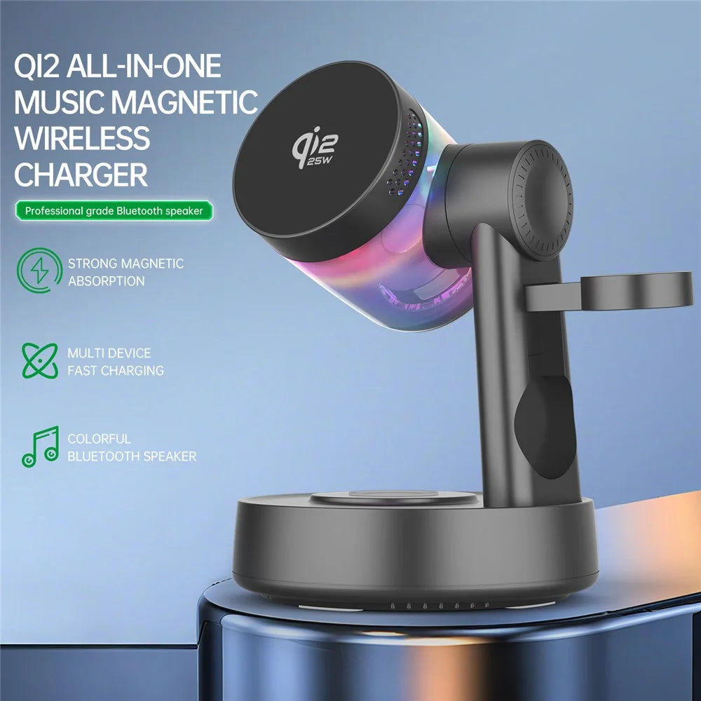 QI2.2 25W Magnetic Wireless Charger with Speaker Function for Phones / Earbuds / Watches Charging Station - Black - 3