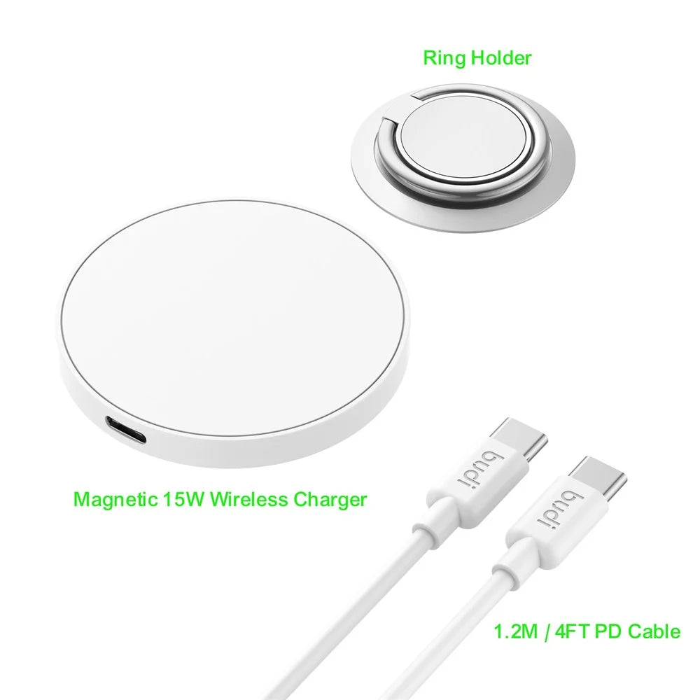 BUDI WL3700W Wireless Charger 15W Fast Charging Pad with 1.2m Detachable Cable / Ring Kickstand - 4