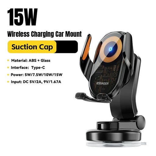 ESSAGER 15W Wireless Charger Car Mount Suction Cup Wireless Charger Stand 360° Rotation - Black - 2