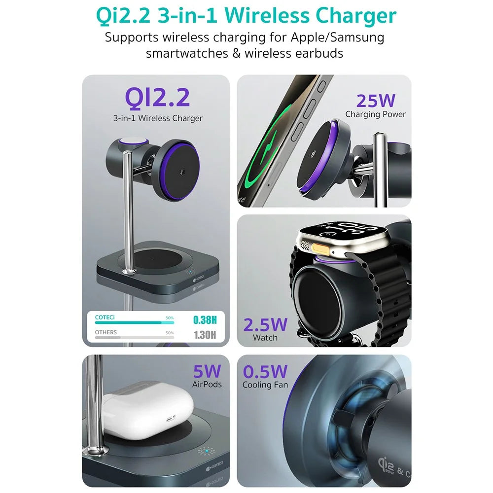 COTECI 3 in 1 Qi2 Magnetic Wireless Charging Stand for Phone / Earphones / Smart Watch Fast Charging Dock - 3