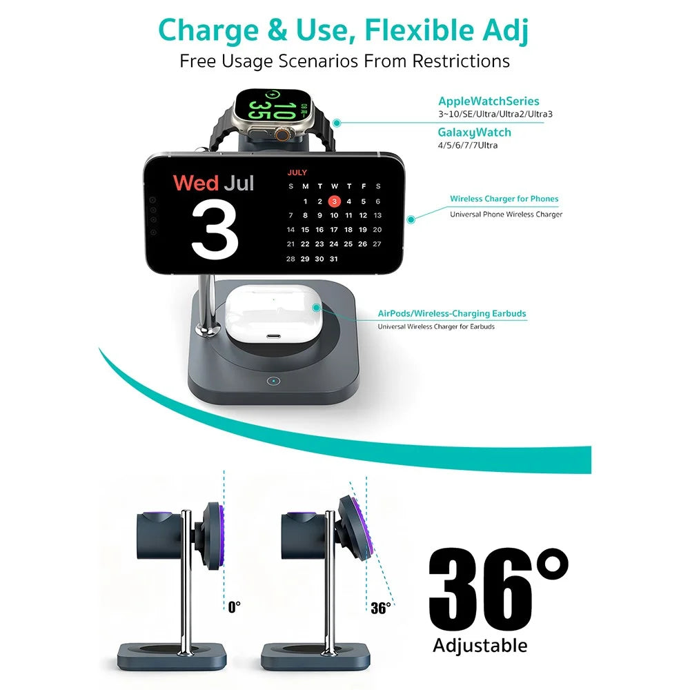COTECI 3 in 1 Qi2 Magnetic Wireless Charging Stand for Phone / Earphones / Smart Watch Fast Charging Dock - 4