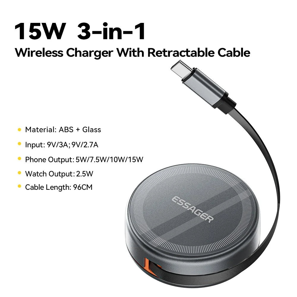 ESSAGER 3 in 1 Retractable Cable Wireless Charger Stand 15W Fast Charging Magnetic Core for iPhone  /  Watch  /  AirPods - Grey - 3