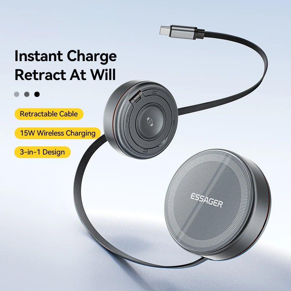 ESSAGER 3 in 1 Retractable Cable Wireless Charger Stand 15W Fast Charging Magnetic Core for iPhone  /  Watch  /  AirPods - Grey - 4